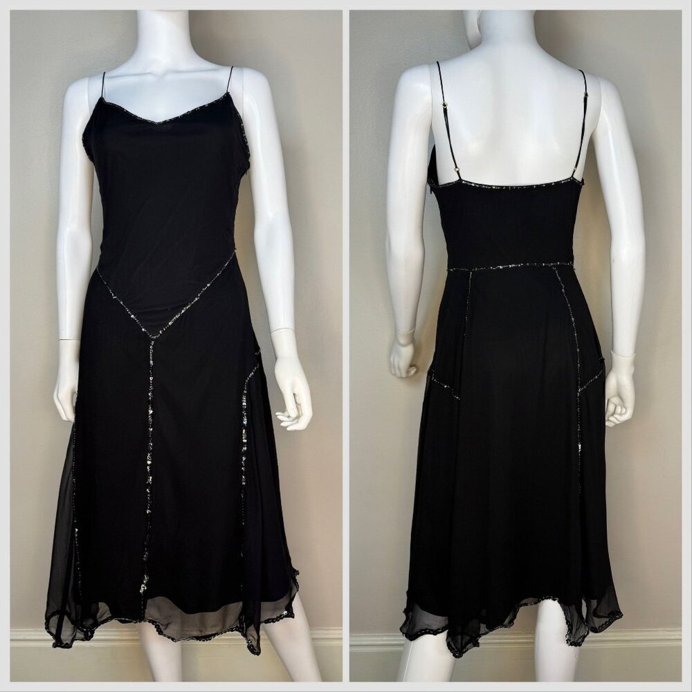 Vintage Y2K Betsey Johnson Black Sequin Slip Dress with Zig Zag Hem, XS/Small